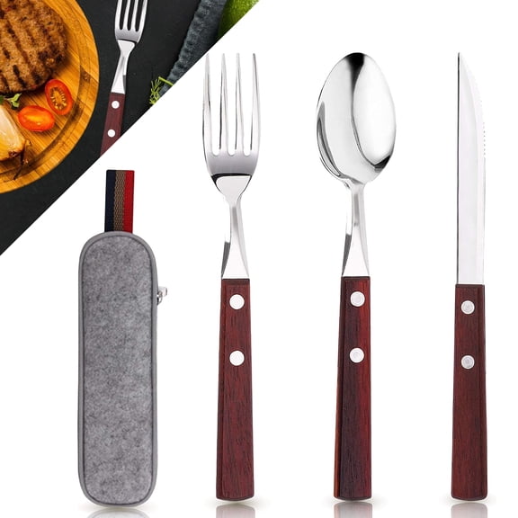 Stainless Steel travel utensils Set with Wood Handle, Healthy 3pc Full Size Fork, Spoon with Case, Portable, Reusable utensils with case