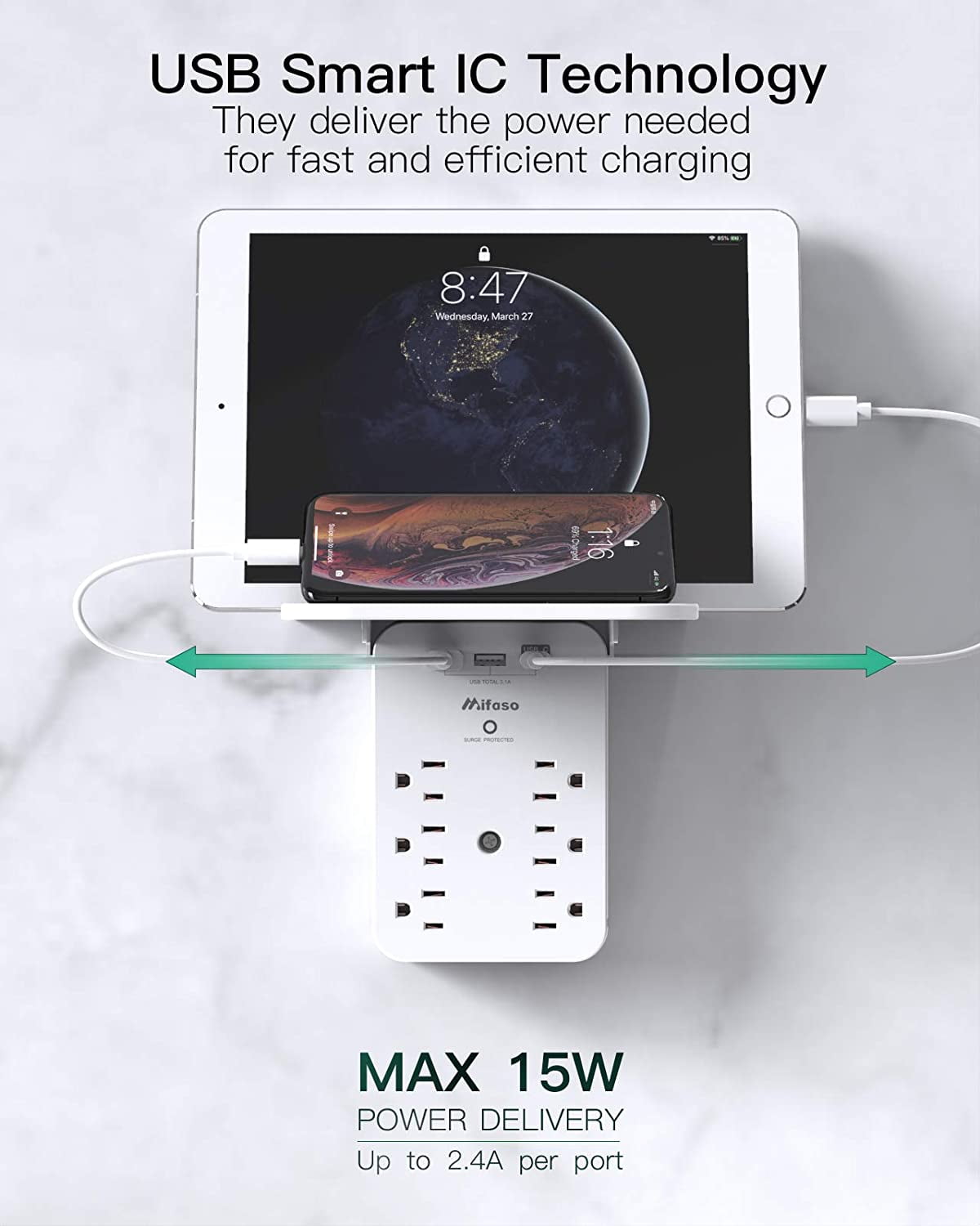 Wall Outlet Extender with Surge Protector 6 AC Outlets Shelf 2 USB & C Charging Ports - Home Dorm Plug Expander