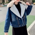 thumbnail image 2 of Olyvenn Sherpa Lined Denim Jacket Women Oversized Jean Winter Coats Faux Fur Lapel Button Down Denim Coat Warm Trucker Jacket Blue S, 2 of 6
