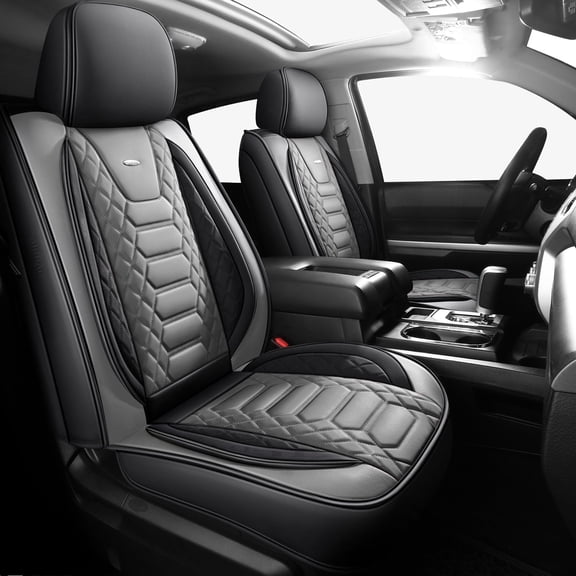 Freesoo Custom Fit Leather Seat Covers for 2014-2021 Toyota Tundra Full Set, Black Gray