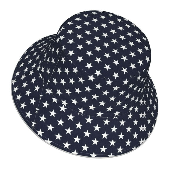 Unisex Stars Navy Blue White Bucket Hat Fisherman Cap Reversible Travel Sunhat With Reflective Stripe