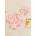 thumbnail image 3 of Suealasg Baby Girls Romper Hat Long Sleeve Round Neck Lace Trim 3D Bow Jumpsuits Infant Girls Fall Bodysuit 0-18 Months, 3 of 7