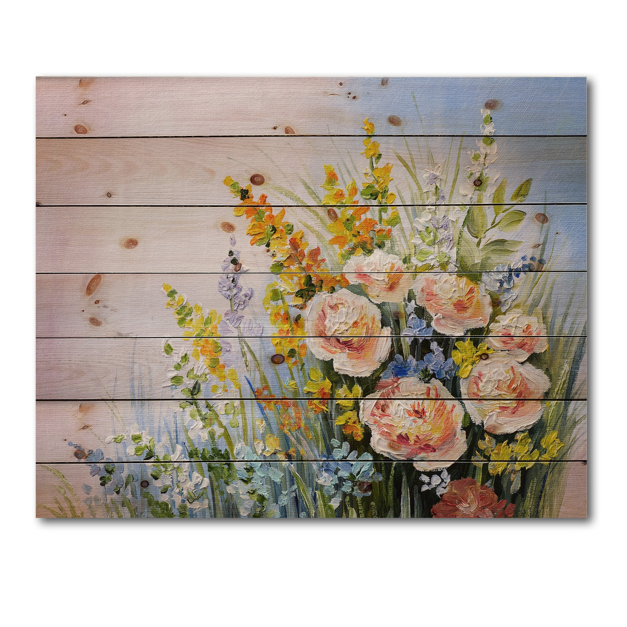 Designart 'Yellow and Pink Summer Wildflowers' Traditional Print on Natural Pine Wood