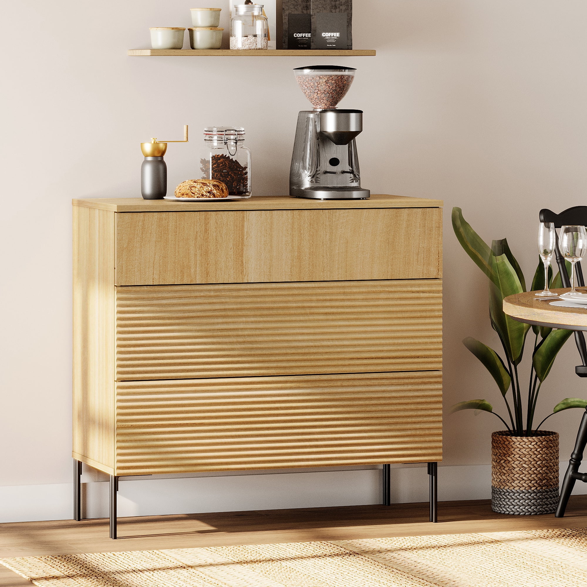 31.5" Wood Accent Chest with Drawers, Modern Credenza Storage Cabinet with Reeded Design for Living Room, Kitchen, Dining Room, Hallway