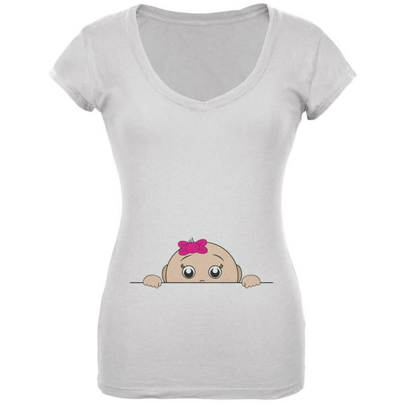 Peeking Baby Girl White Juniors V-Neck T-Shirt - Medium