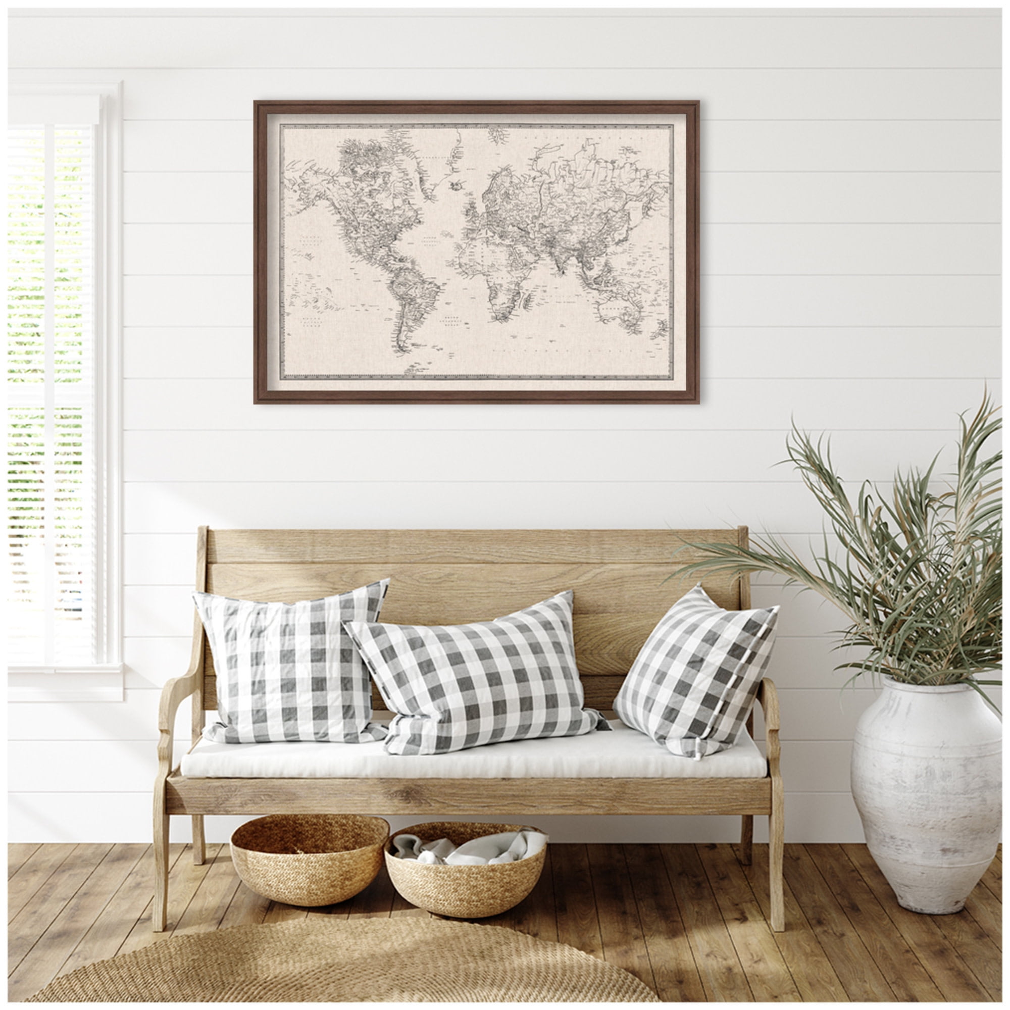 Kate and Laurel Framed Fabric Pinboard 38 x 26, Vintage Black and White Linen World Map Printed Linen Classic Bulletin Board for Use as Wall Organization, Florence Medium Brown Frame