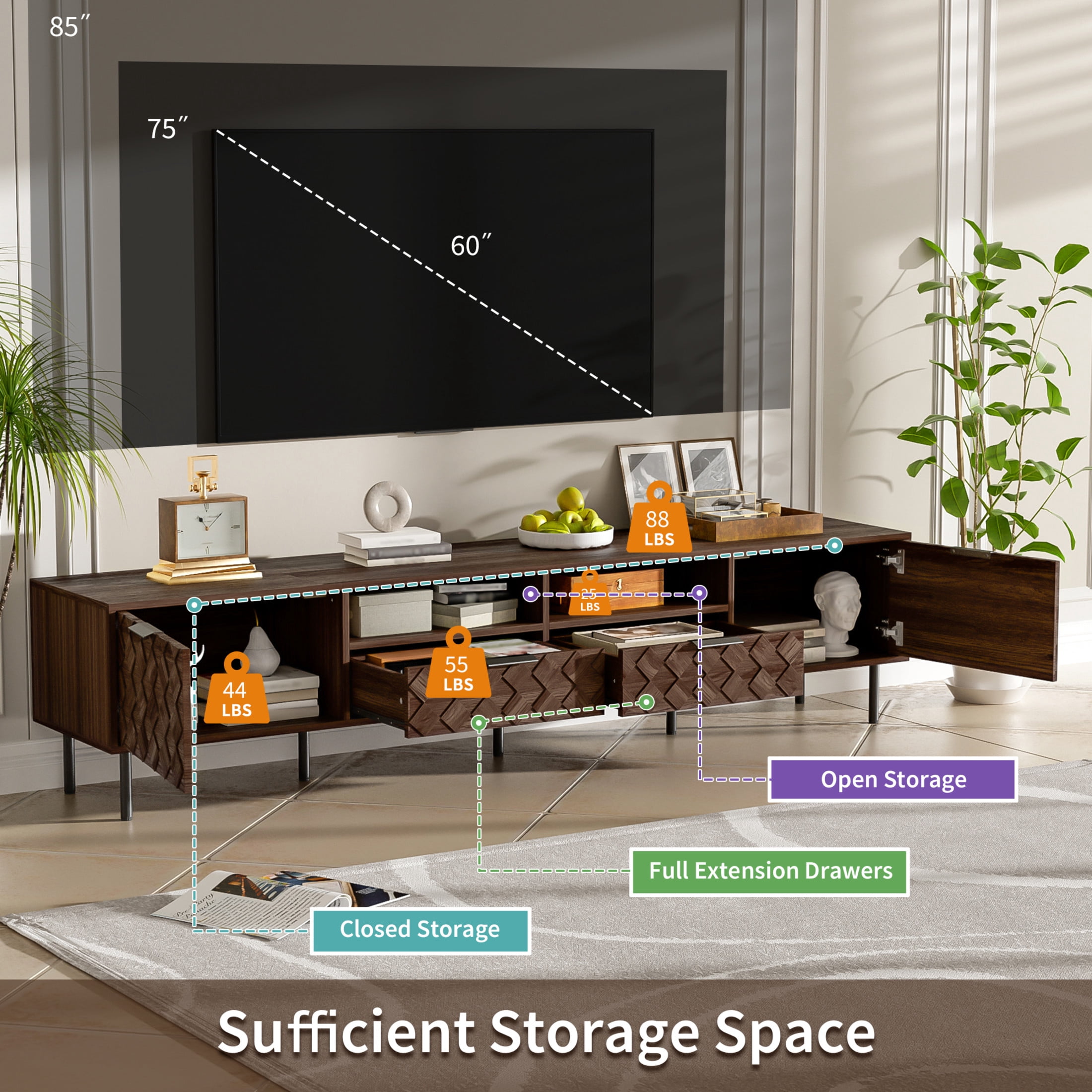 Noble House Modern TV Stand for TVs up to 85" with Storage Cabinets, Drawers and Open Shelves, Dark Brown