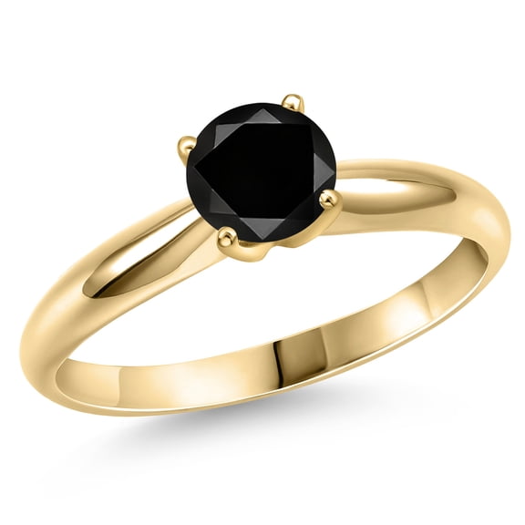 Gem Stone King 14K Yellow Gold Black Diamond Engagement Ring for Women | 1.10 Cttw | Round 6.5MM | Gemstone April Birthstone | Size 7