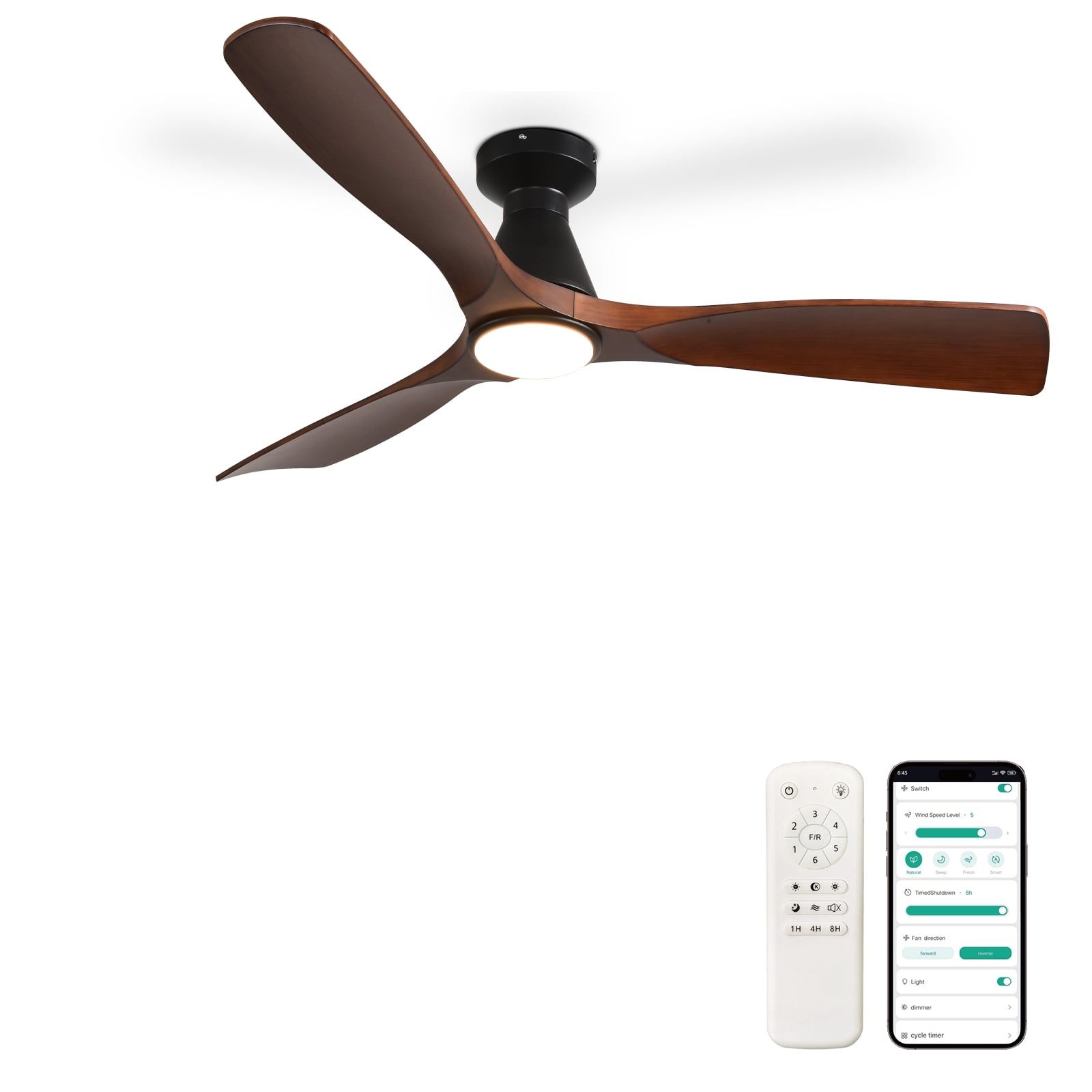 DingLiLighting 52-Inch Ceiling Fan with Lights: Walnut Flush Mount Ceiling Fan with Remote APP Control - Low Profile 3-Blade Fans for Indoor Outdoor 24W 3CCT Dimmable Timer DC Motor