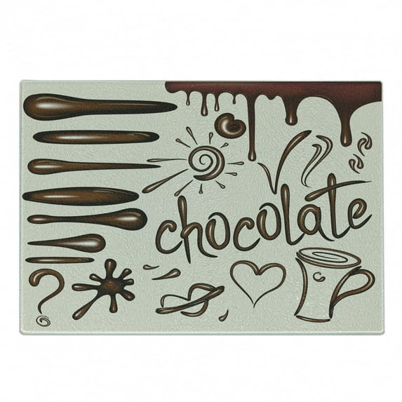 Chocolate Cutting Board, Chocolate Drips and Stains Coffee Cup Heart Lips and Sun, Decorative Tempered Glass Cutting and Serving Board, in 3 Sizes, by Ambesonne