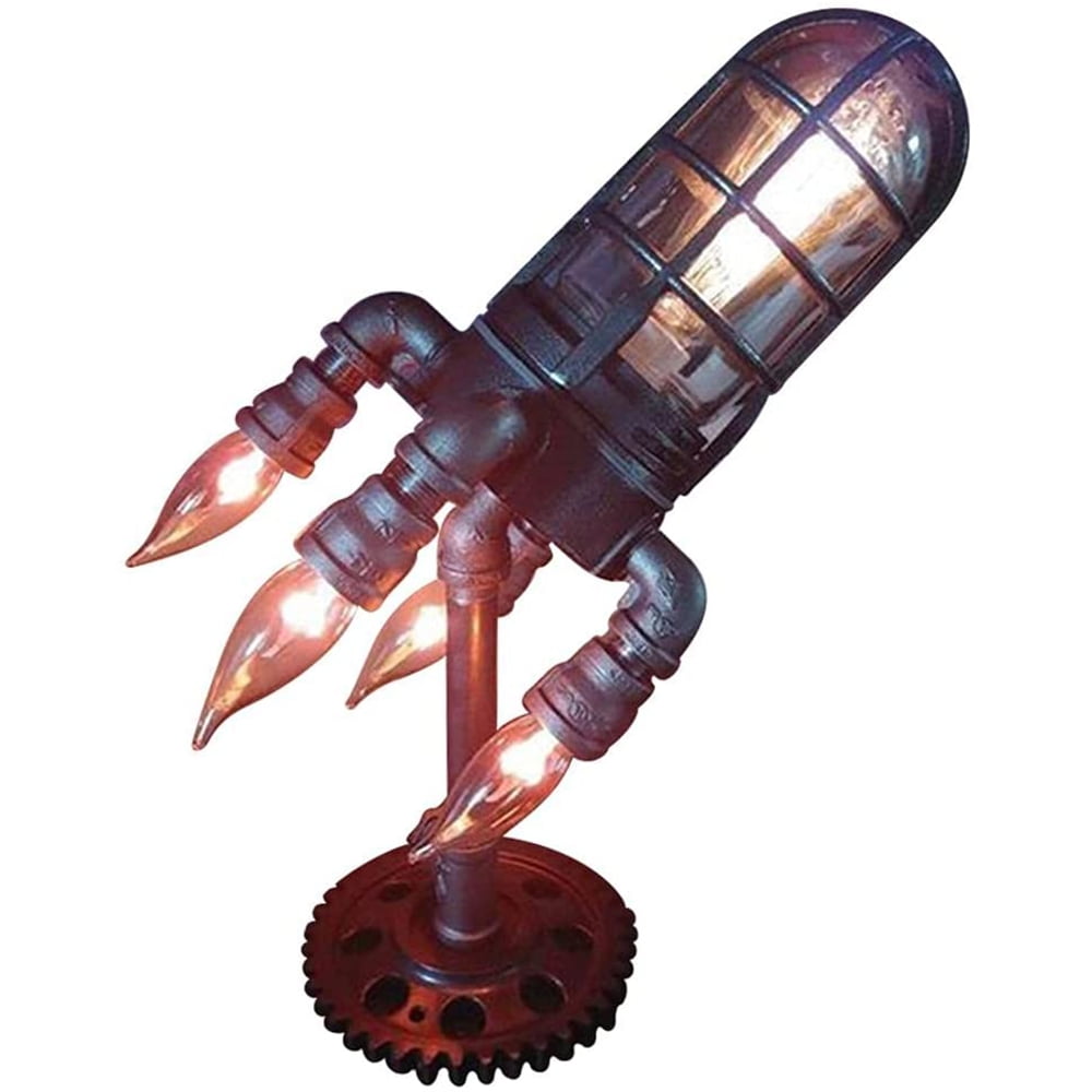Creative Industrial Rocket Decoration for Home/Bar/Office Retro Steampunk Rocket Lamp Simulation Flame LED Bulbs Lights Retro Rocket Lamp Steampunk Style Lamp