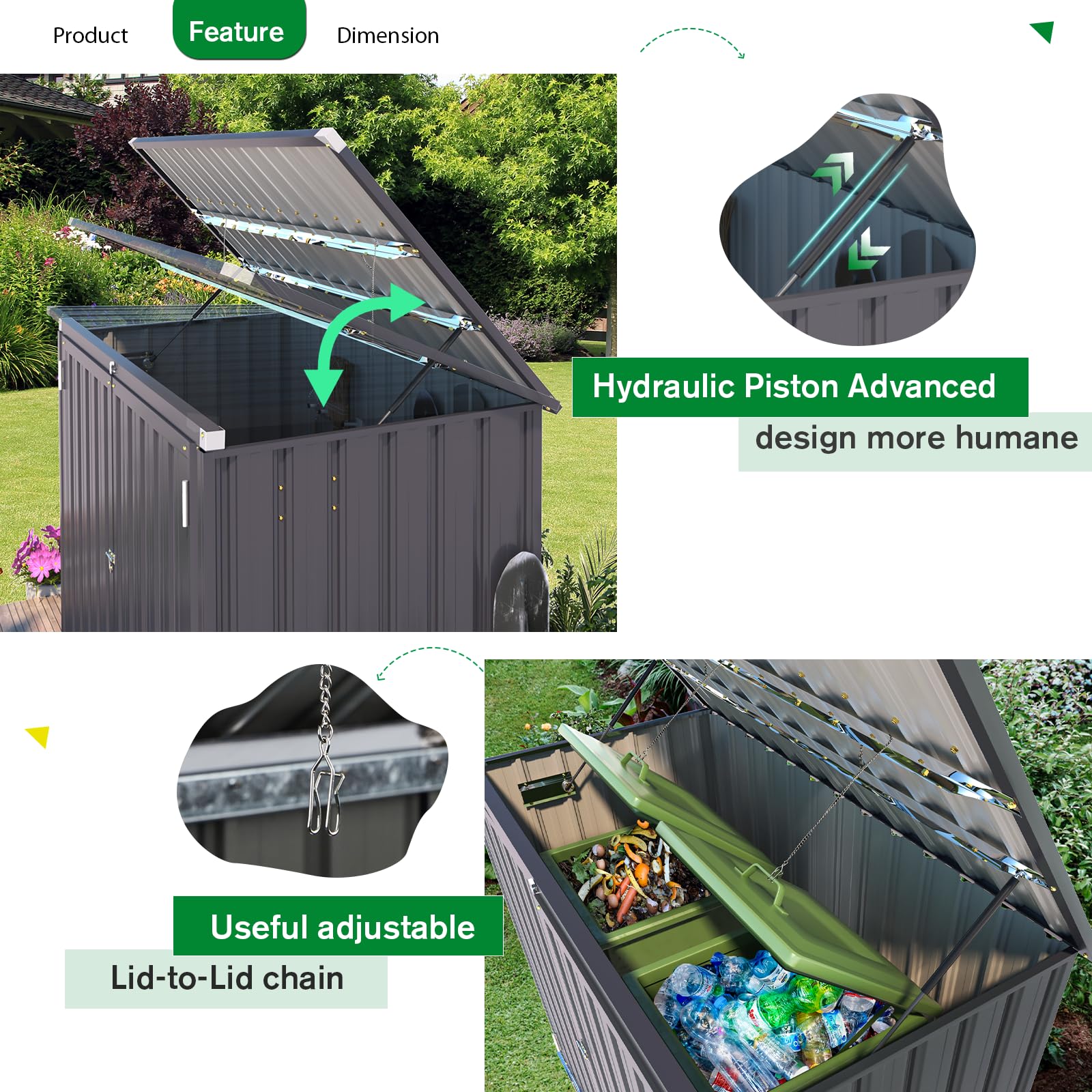 AECOJOY 46 Cu ft. Outdoor Horizontal Storage Shed Wastebasket Enclosure Container Metal Garbarge Shed in Gray