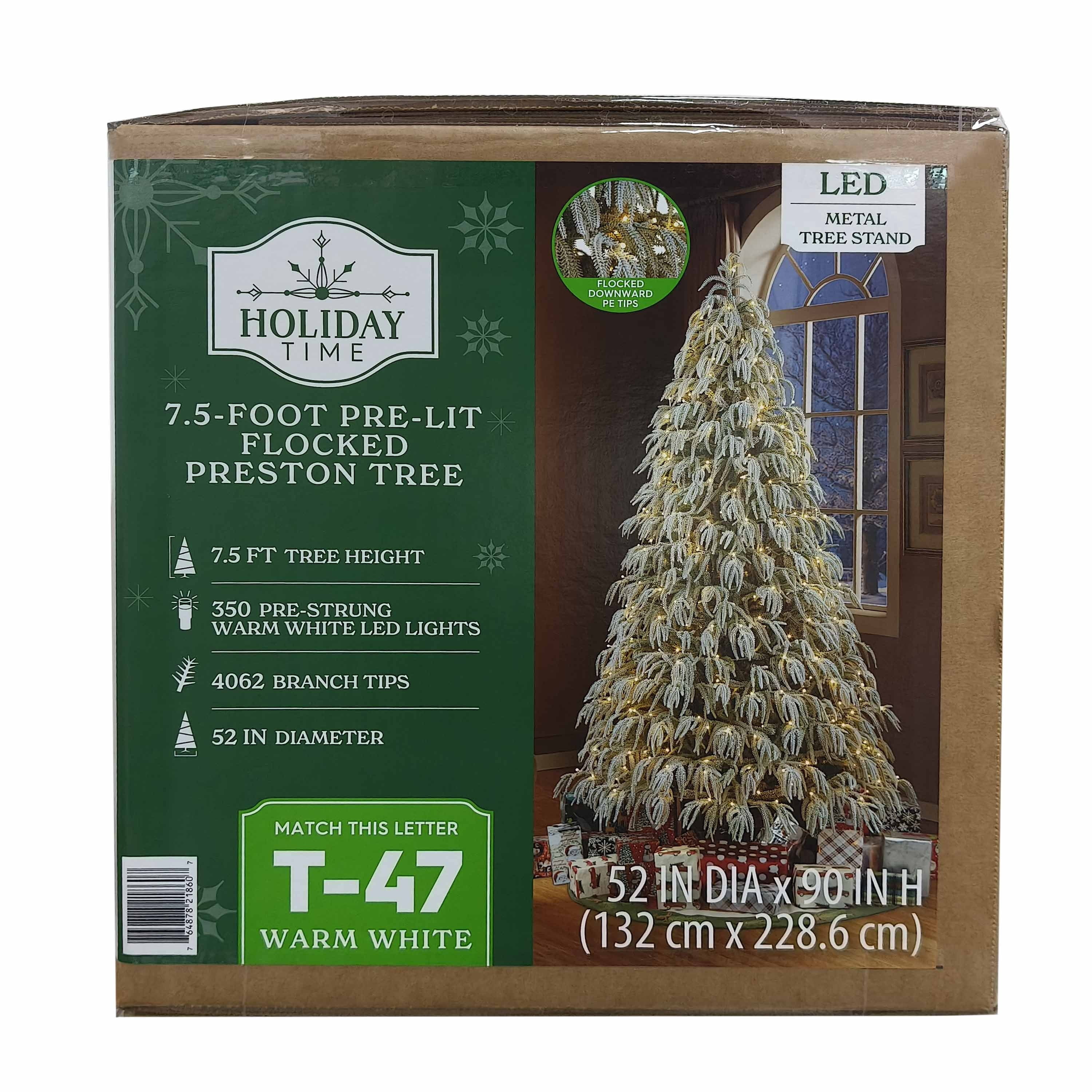 7.5' Pre-Lit Snow-Flocked Preston Green Artificial Christmas Tree with 350 Warm White LED Lights and Stand, by Holiday Time