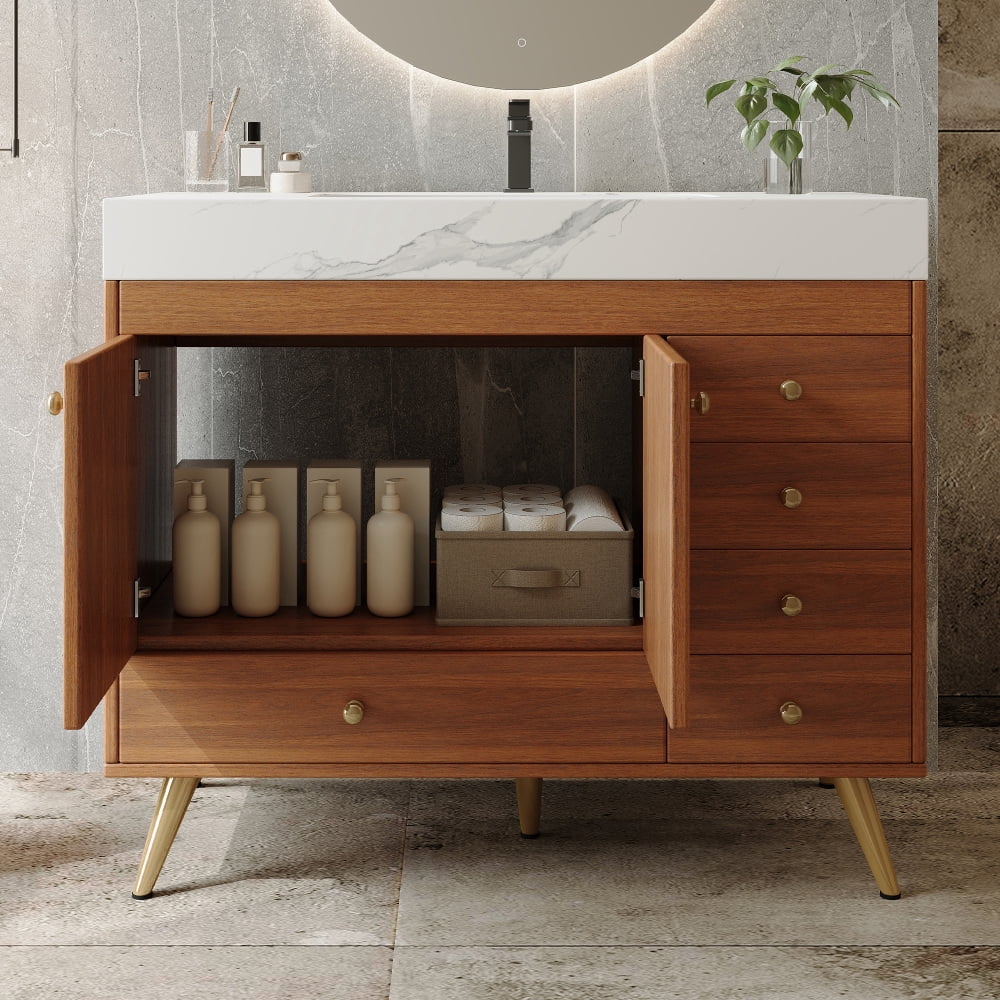 FFZ 36" Freestanding Bathroom Vanity with Faux Marble Top, Ceramic Sink, 5 Drawers & Stainless Steel Legs,4 Colors For Bathromm and Living Room