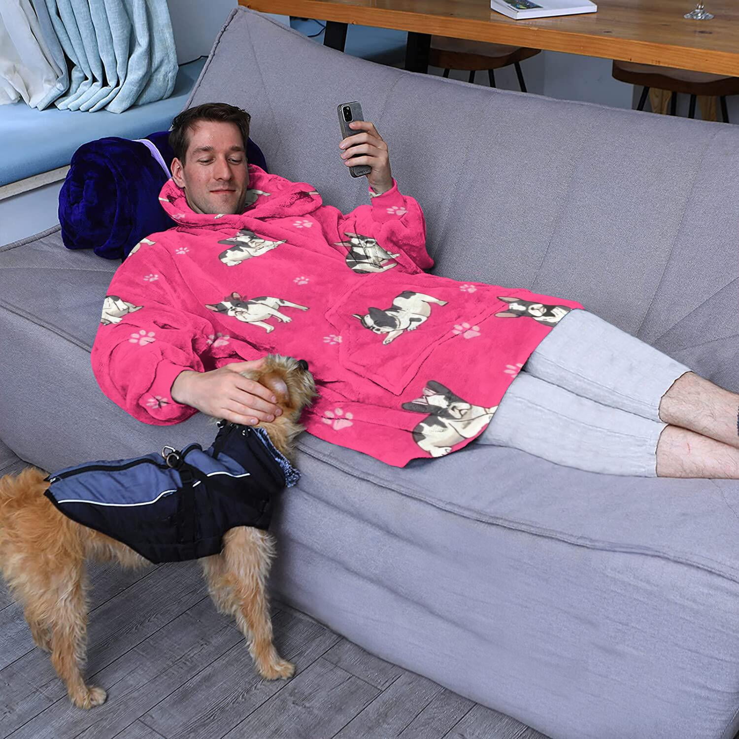 Wearable Oversized Blanket,Boston Terrier on Red Background Wearable Blanket Hoodie for Adults,Cozy Hooded Blankets with Super Pockets,Super Warm Fuzzy Pullover for Women & Men