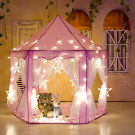 Tents for Girls, Princess Castle Play House Large Outdoor Kids Play Tent for Girls Pink with Decorative LED Star