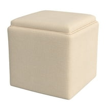 Soa Storage Ottoman, 18 Inch Square Tray Top, Beige Woven Fabric