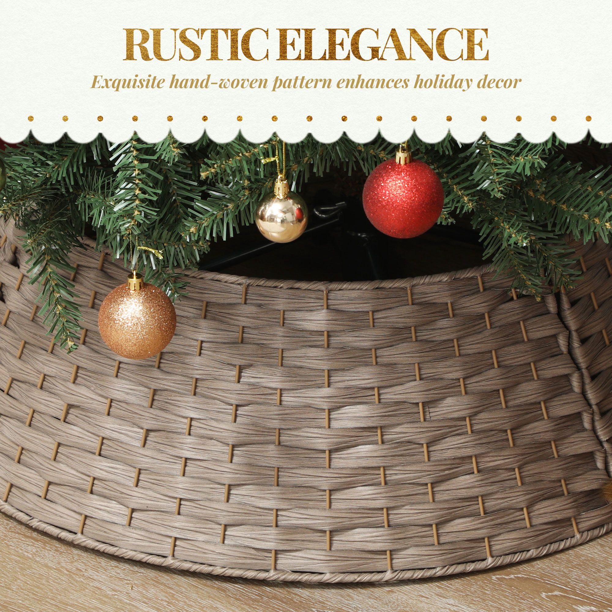 Woven Christmas Tree Collar, Rustic Plastic Tree Skirt Alternative with Metal Wire Support, 26.8 in Diameter, Hides Tree Stand and Protects Pets, for Holiday Home Decoration