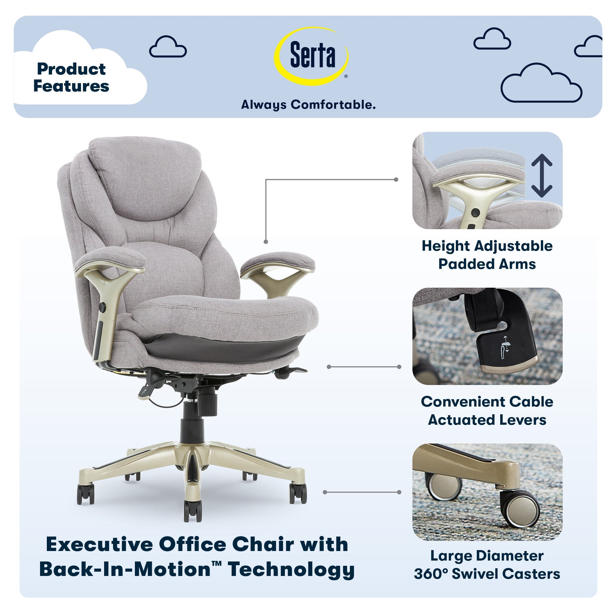 Serta Claremont Executive Office Chair with Back-In-Motion Technology, Ergonomic Mid-Back with Pivot Lumbar Support and Seat, Plush Cushion, Body Pillows, Adjustable Arms, Light Gray Fabric