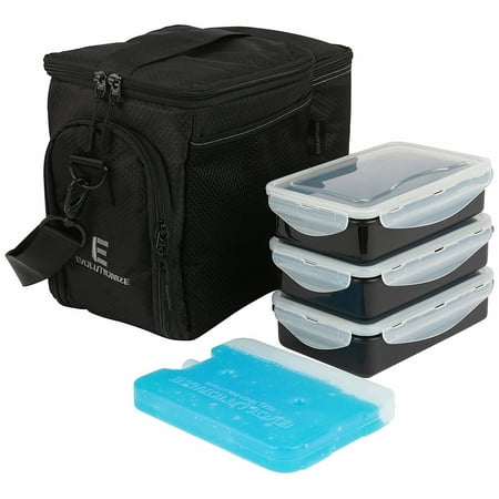 EDC Meal Prep Bag - Full Meal Prep Lunch Box Management System includes Portion Control Meal Prep Containers + Ice Pack (3 Meal Insulated Cooler Bag, Black) - Patent Pending by