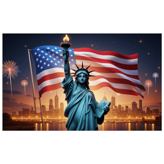 Decorative Design American Flag Statue of Liberty Banner Patriotic Celebration Theme for Independence Day National Holiday Outdoor Event