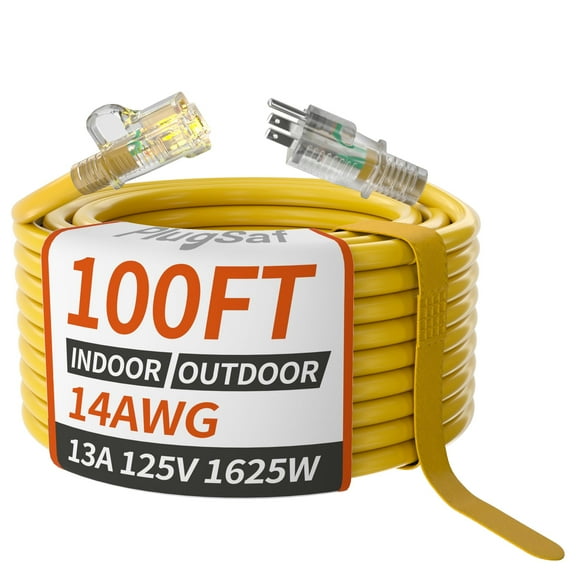PlugSaf 14/3 Gauge Yellow Outdoor Extension Cord 100 ft Waterproof with Lighted Indicator, Cold Weatherproof -40°C, Flexible 3 Prong Extension Cord Outside,13A 16