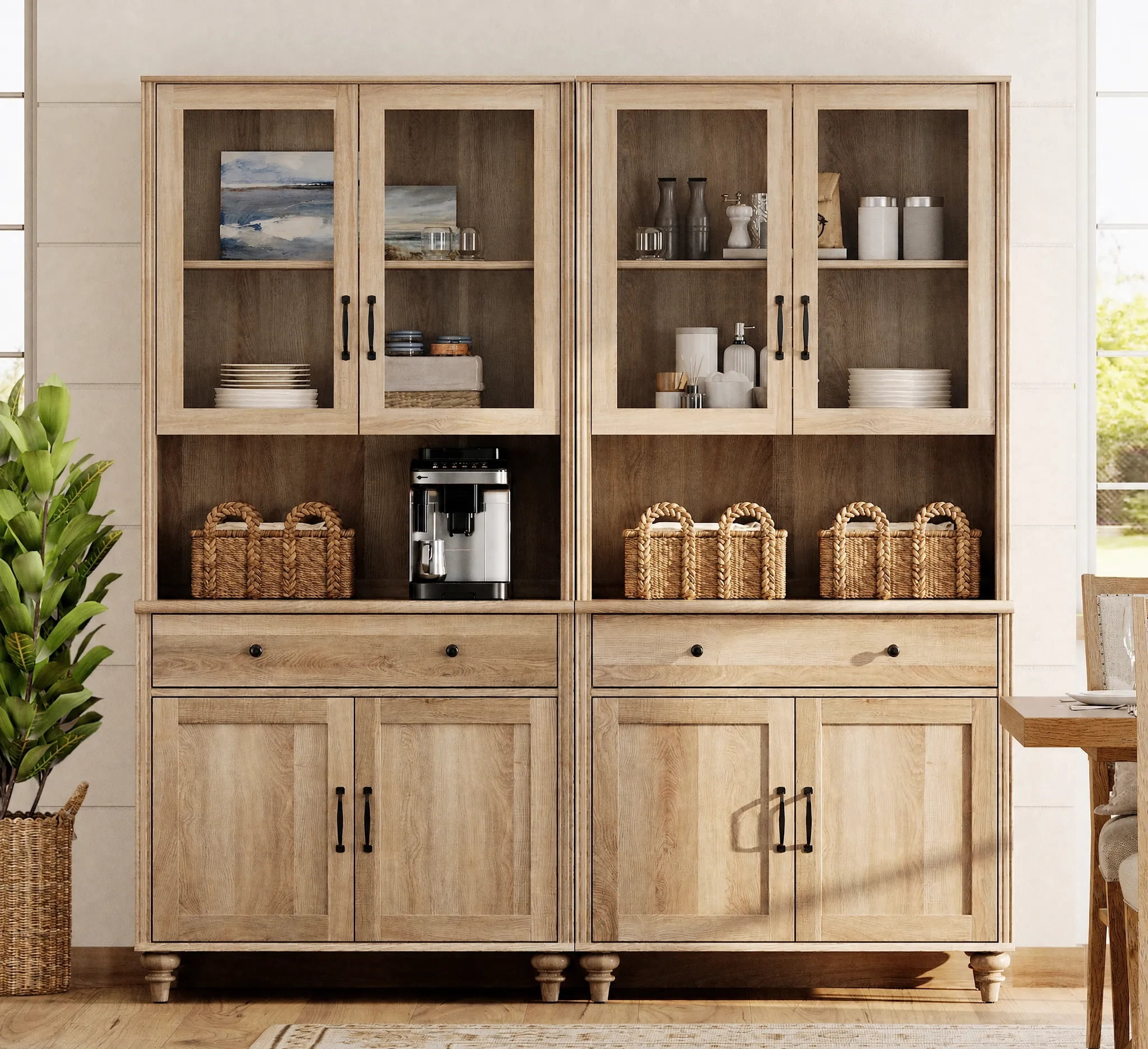 Oak Large Bookcase, Farmhouse Bookshelf with Ample Storage Cabinet, Library Wooden Bookshelves for Living Room, Office, Study Room, Kitchen