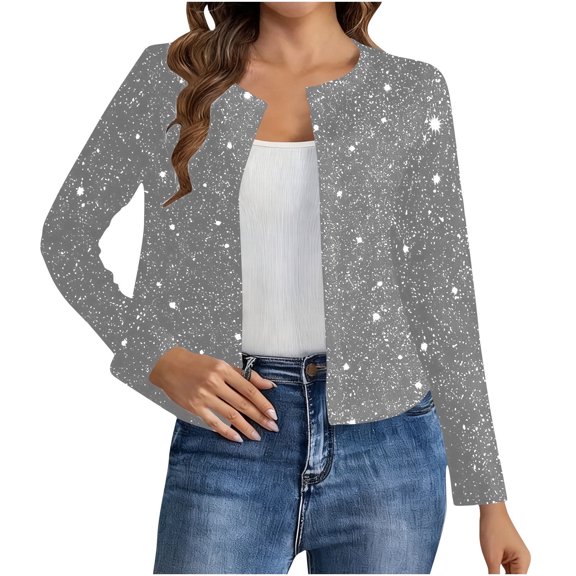 QSAWXQZ Carnival Sequin Jacket for Women Long Sleeve Crewneck Open Front Cardigan Shirt for Party Gray XL