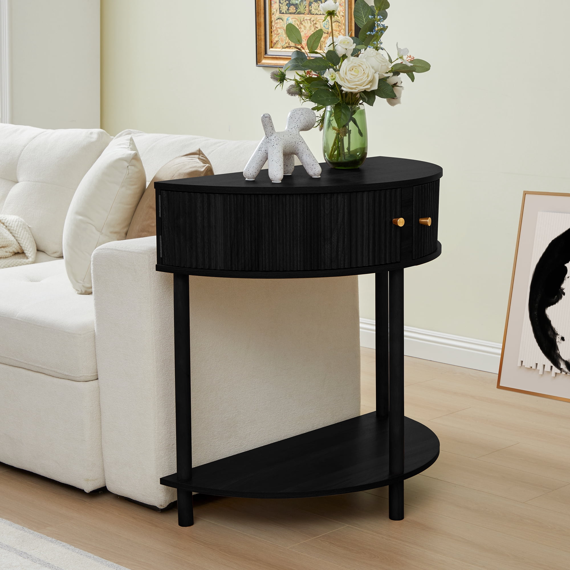 PHOYAL Fluted Half Moon Console Table with Drawers and Storage, Wooden Semi Circle End table with Shelf for Living Room, Half Round Side Table for Entryway Hallway, Black