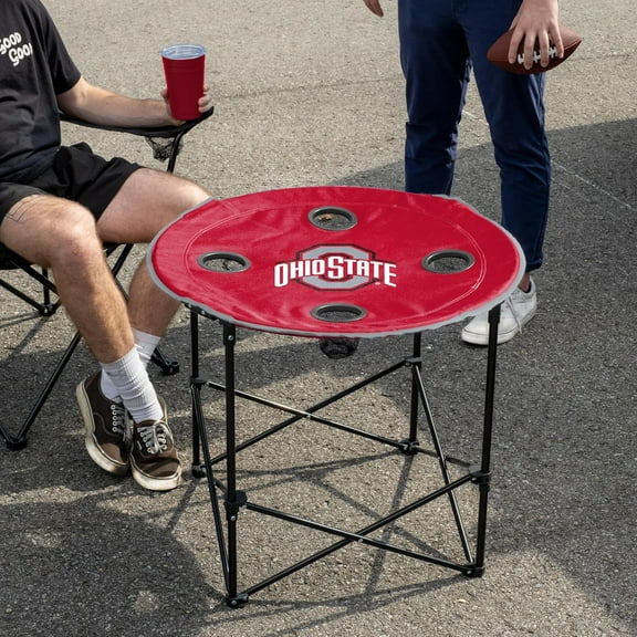 Logo Brands  Ohio State Buckeyes Round Tailgating Table – Portable with Foldable Legs, 4 Cup Holders, Powder-Coated Steel, and 27.6" Surface Diameter, Team Color