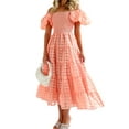 thumbnail image 1 of ZAXARRA Femmes Été Décontracté une Ligne Robe Courte Manches Bouffantes sur l'Épaule Midi Plaid Robe, 1 of 4