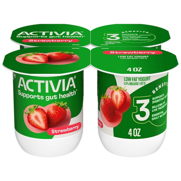 Activia Strawberry Low Fat Probiotic Yogurt Cups, Helps Support Gut Health, 4 oz, 4 Count