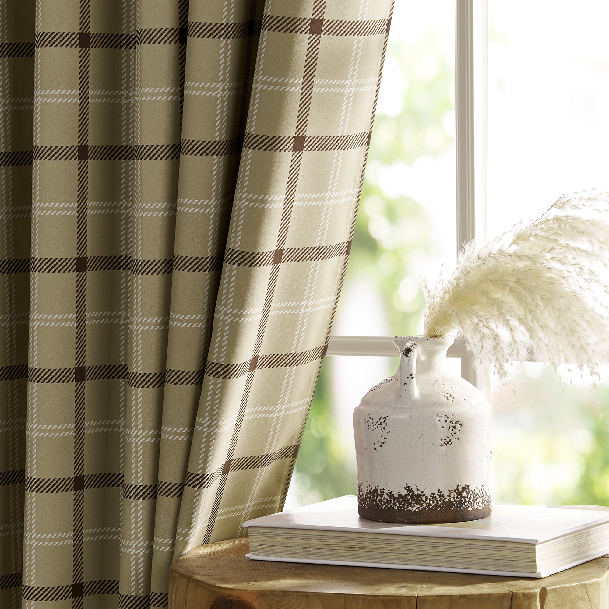 NICETOWN 100% Blackout Rustic Grid Pattern Linen Room Darkening Plaid Farmhouse Grommet Noise Reducing Window Curtains for Living Room, 2 Panels, Linen, W52 x L96
