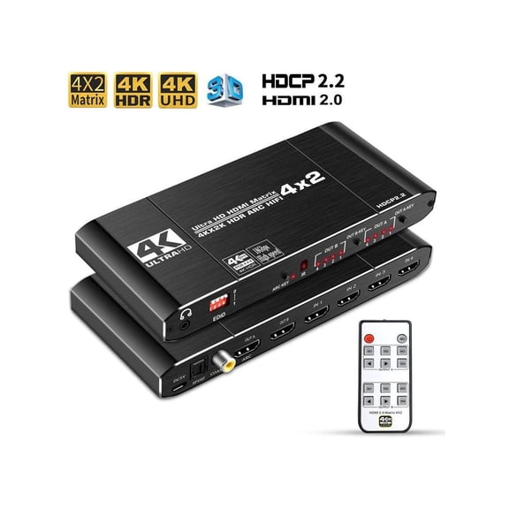 4K@60Hz 4x2 HDMI Audio Extractor Matrix Switch Splitter, with Optical Toslink SPDIF Coaxial 3.5mm Audio Out IR Remote, Supports HDCP2.2 HDMI2.0, Ultra HD, 3D, ARC, EDID, HDR for PS5 Xbox