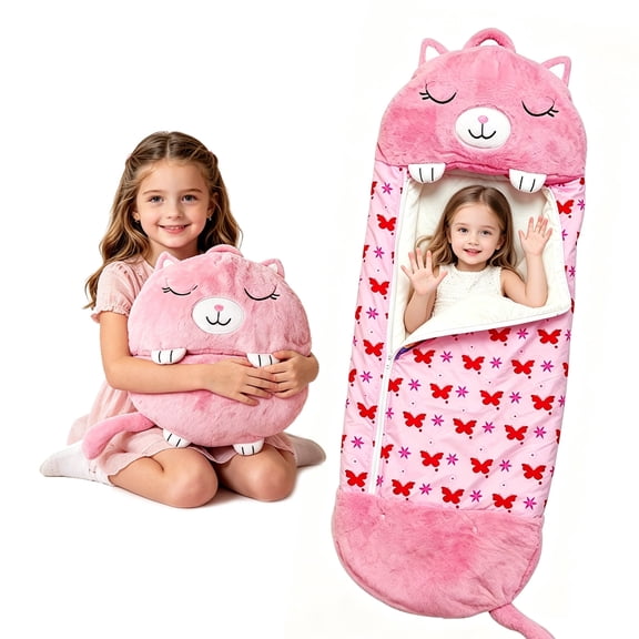 Kids Cat Sleeping Bag with Pillow - 2-in-1 Foldable, All Seasons, Soft & Warm (54"x20")-Pink