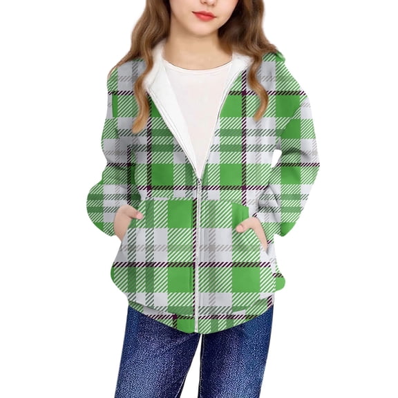 SERTG Boys and Girls Checkered Hooded Jacket Zip Front Long Sleeve Sporty Casual Outerwear Top for Children 4-12 Years(Green,8 Years)