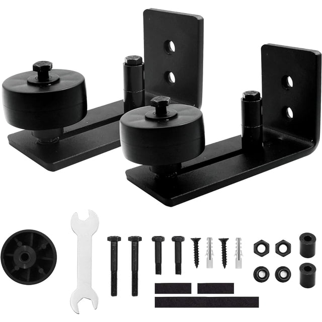 Paquete de 2 guías de piso para puerta corrediza de granero de alta resistencia para rodillo ajustable inferior, 8 opciones de configuración, guía de piso para puerta de granero plana (negro
