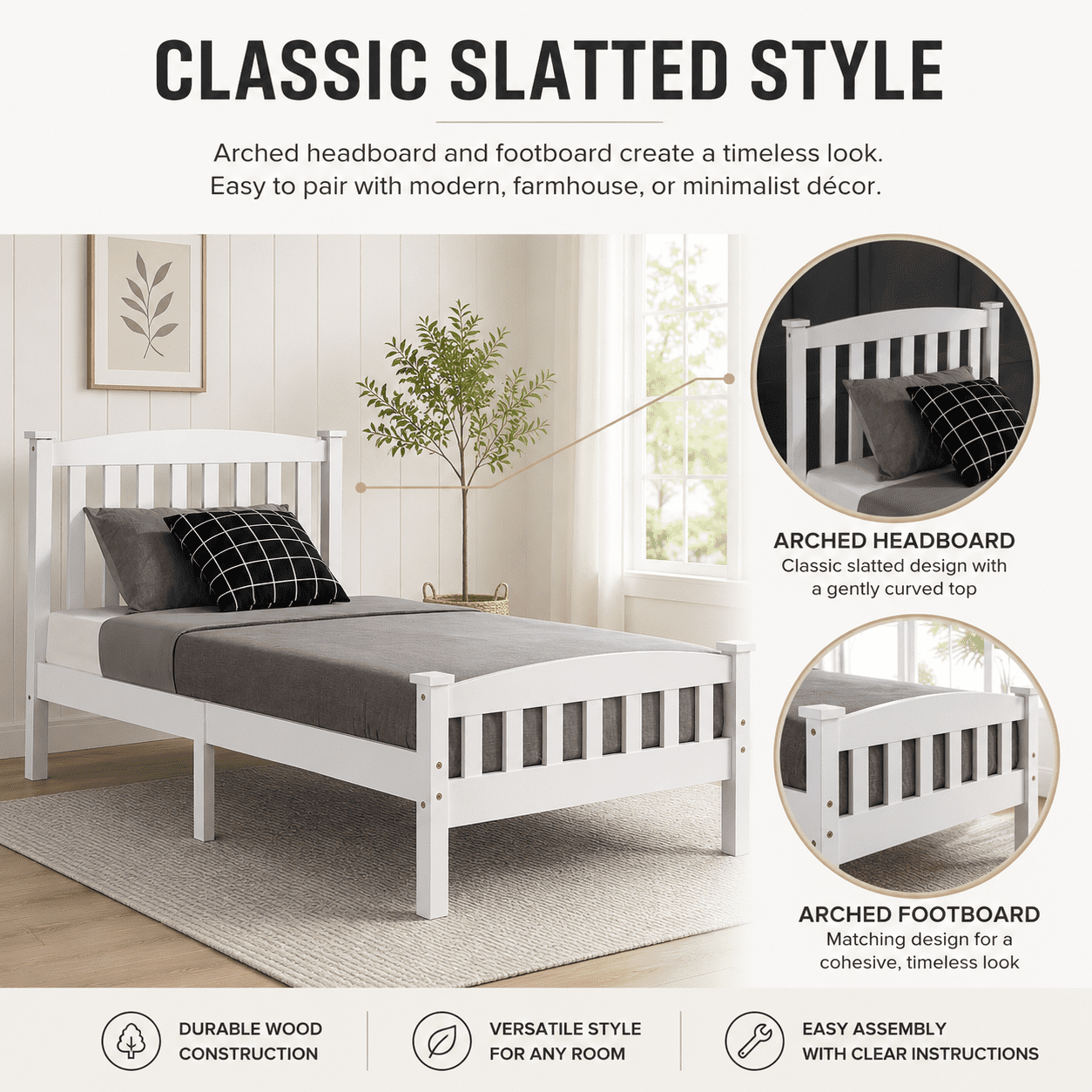 Ktaxon Twin Bed Frame,Solid Pine Wood Twin Platform Bed Frame, Bedroom Twin Bed with Headboard for Adults, White, 78.94"L*42.44"W*39.17"H