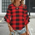 thumbnail image 3 of Buffalo Plaid Red Black Women's V-Neck Blouse With 3/4 Ruffled Bell Sleeves Casual Top Ladies Blouses, 3 of 7
