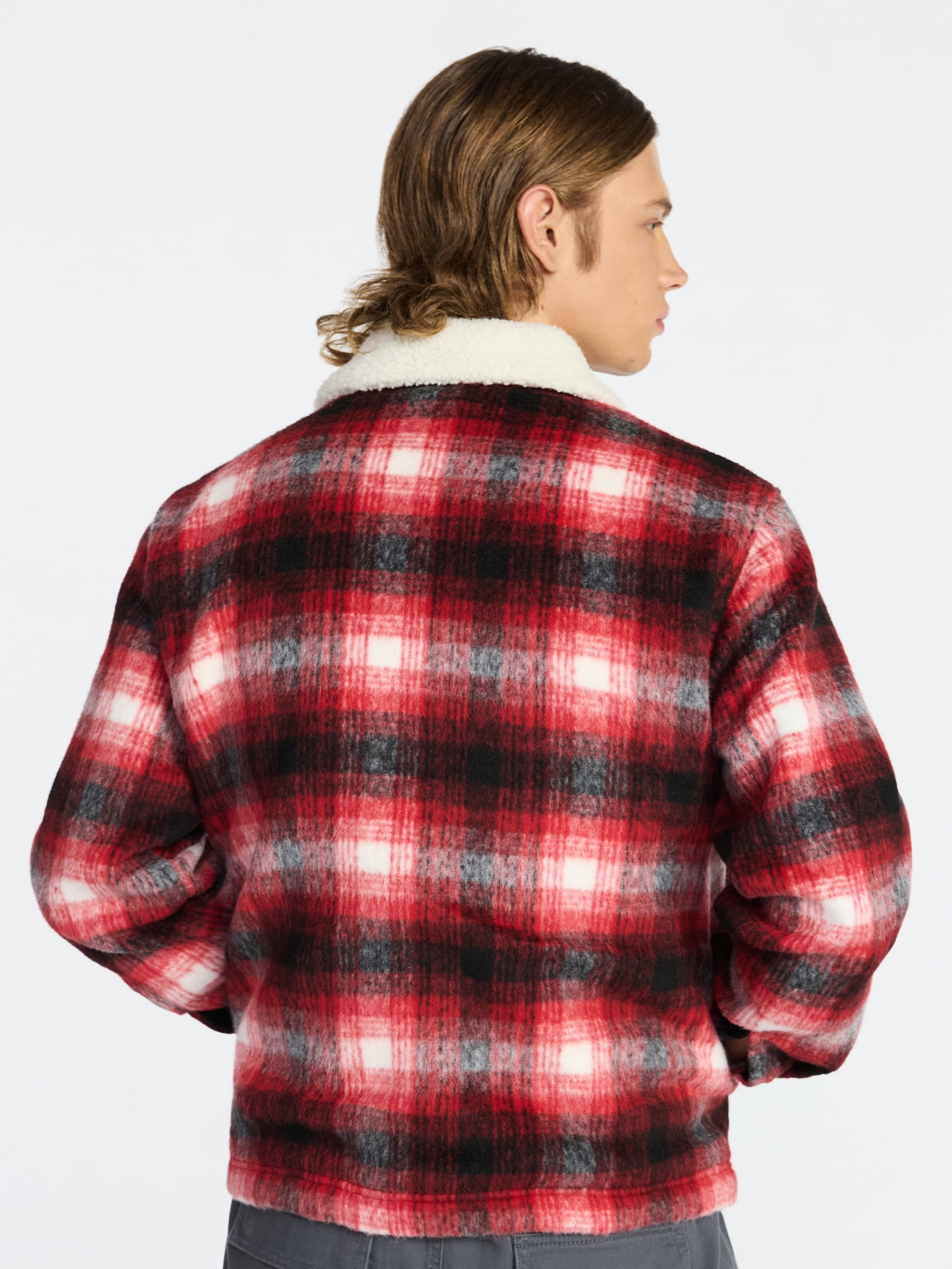 No Boundaries High-Pile Fleece Lined Plaid Overshirt, Men’s and Big Men’s