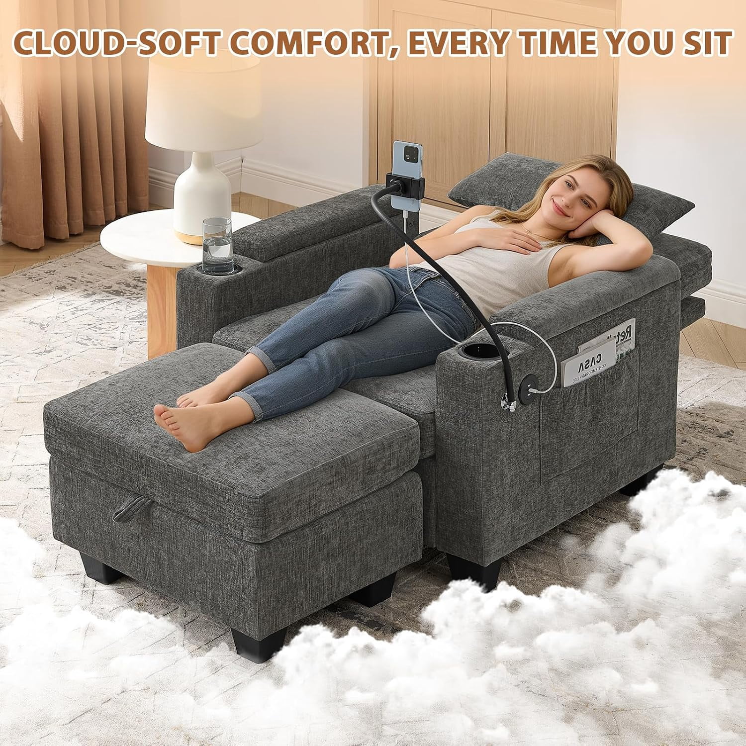 MOONMISS Oversized Chaise Lounge Chair Indoor, Single Convertible Recliner Reading Arm Sofa Chair W/Adjustable Backrest & Charging Port Couch Bed for Living Room, Home Theater & Bedroom,Gray