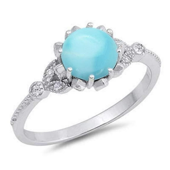 Round Natural Larimar Center With CZ Petite Ring Sterling Silver Size 5