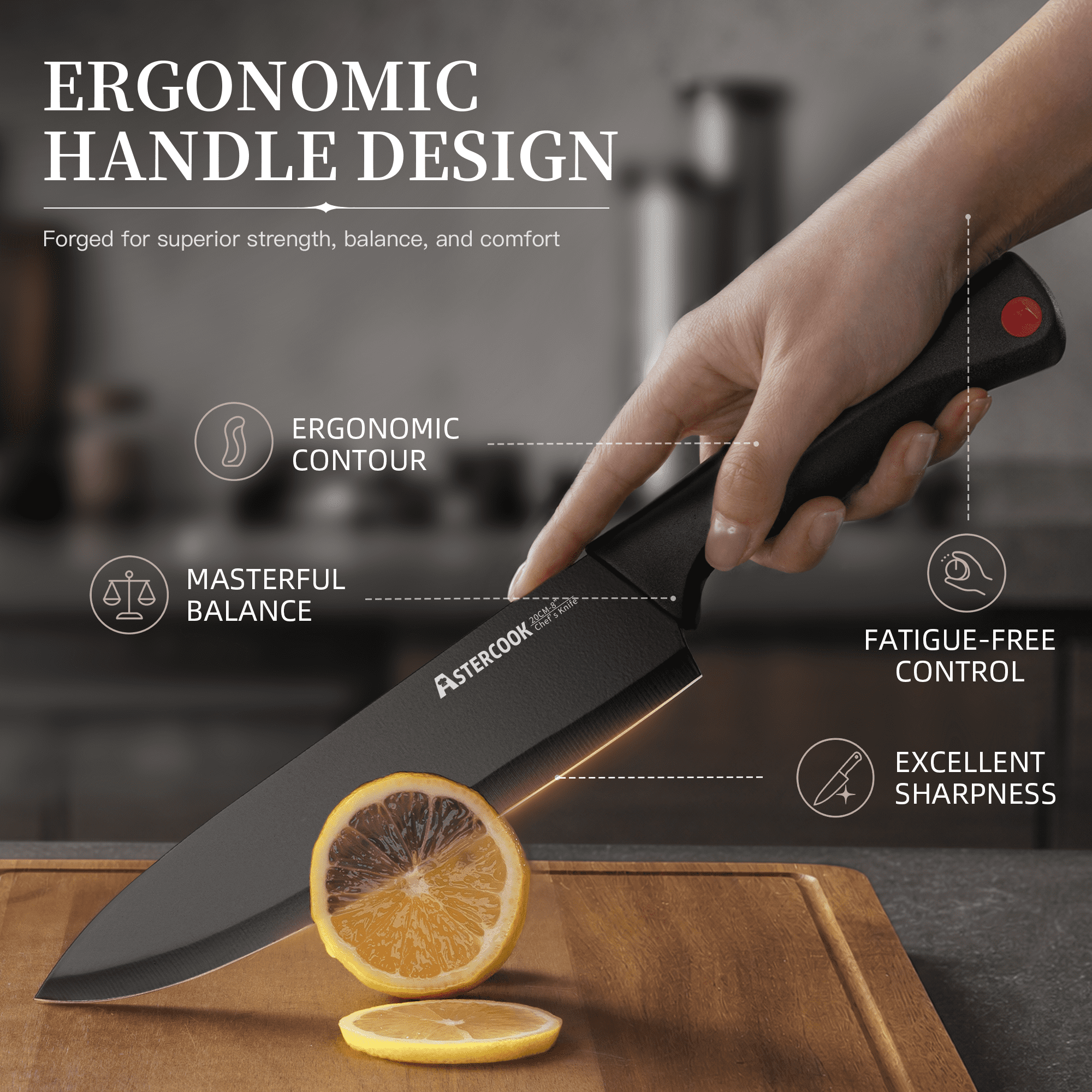Astercook 14-Piece Kitchen Knife Set, Knives Block Set with Built-in Sharpener, Healthy Anti-Rust Coating & German Stainless Steel Knife Set, Dishwasher Safe Black