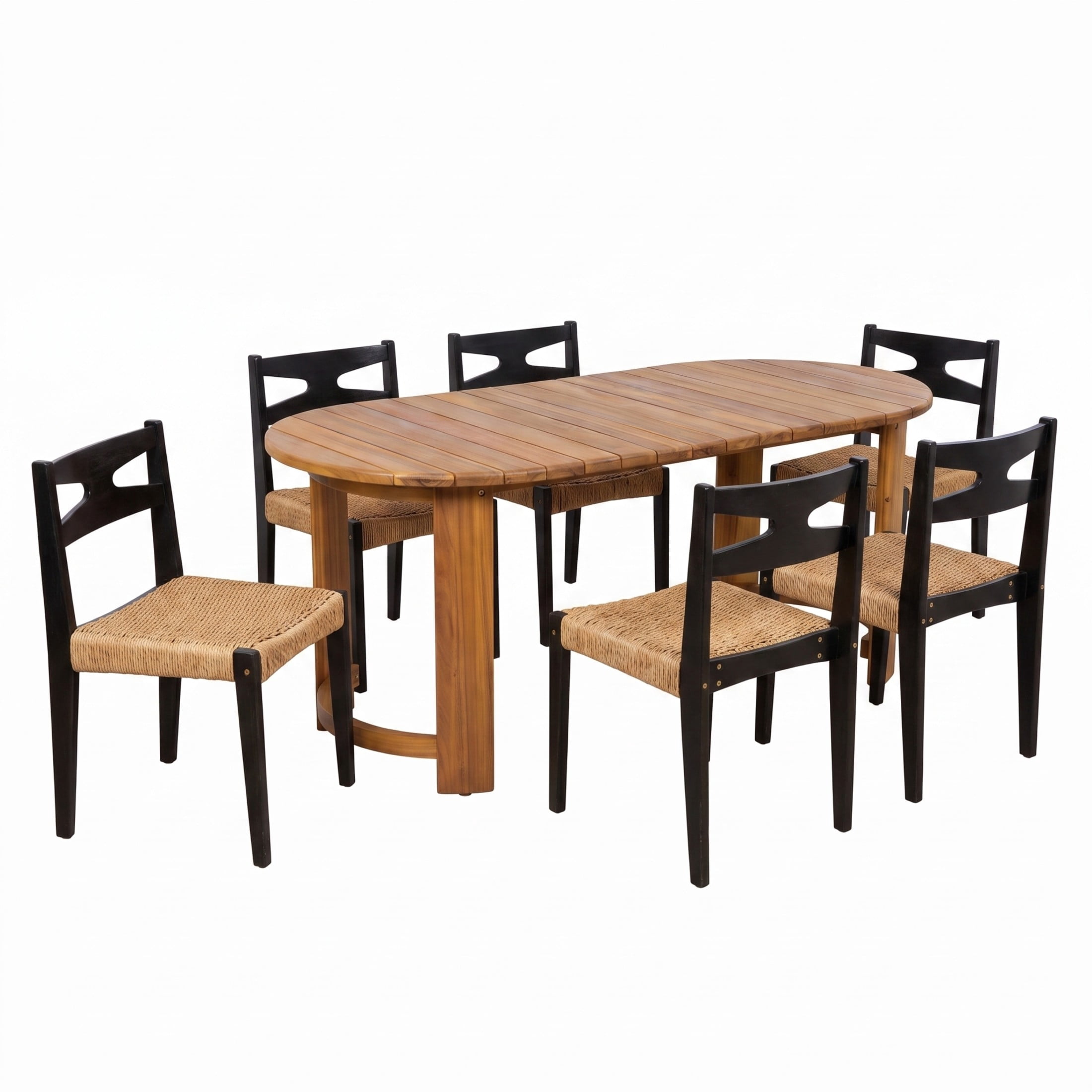 Christopher Knight Home 7-Piece Modern Wood Outdoor Dining Set, 70" Oval Table and Wicker Chairs, Teak+Black