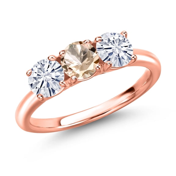 Gem Stone King 18K Rose Gold Plated Silver Peach Morganite and White Moissanite Engagement Ring for Women | 1.40 Cttw | Round 5MM | Gemstone October Birthstone | Size 8
