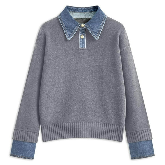 DuoJiaJ Womens Fall Oversized Long Sleeve Sweaters Lapel Sweater Knit Sweater Tops Gray L