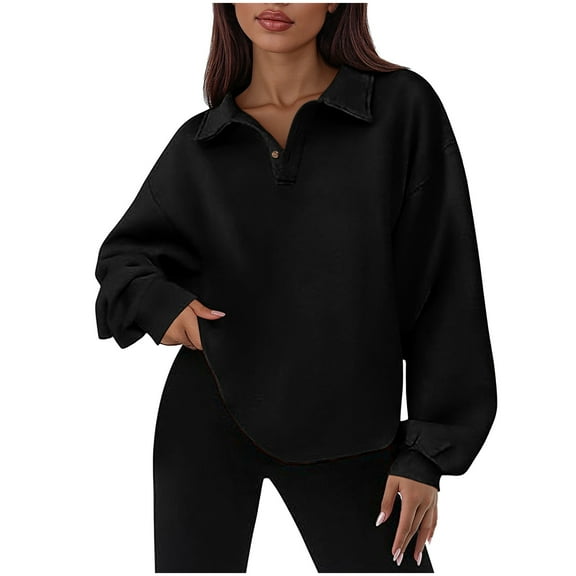 Htigea Womens Button Down Lapel Sweatshirts Casual Loose Pullover Thin Fleece Long Sleeve Tops Black S