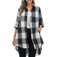 thumbnail image 1 of Camisa a cuadros para mujer con mangas largas enrolladas Bolsillos con botones Cuello vuelto MABOTO Negro/3X-grande, 1 of 7