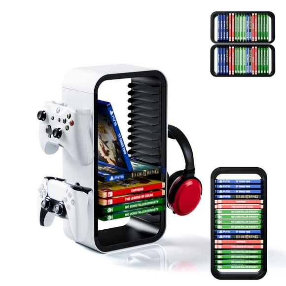 Universal Games Storage Tower Pro - for Up to 18 Games - with Controller Holder for up to 4 Gamepads - Gaming Accessories for PS5 PS4 PS3 Xbox X/S/One Switch 1 + 2 Switch OLED BluRay
