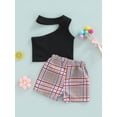 thumbnail image 4 of Franhais 2Pcs Little Girls Outfit, Toddlers Sweet Style Sloping Shoulder Sleeveless Tops + Plaid Bow Decoration Shorts Set, 4 of 9
